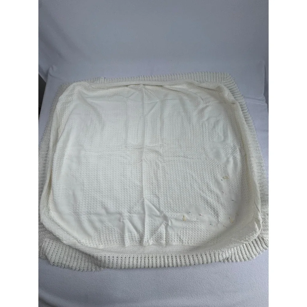 Vintage Cottagecore Unbranded Baby Blanket Cream Waffle Knit Embroidered Chicks